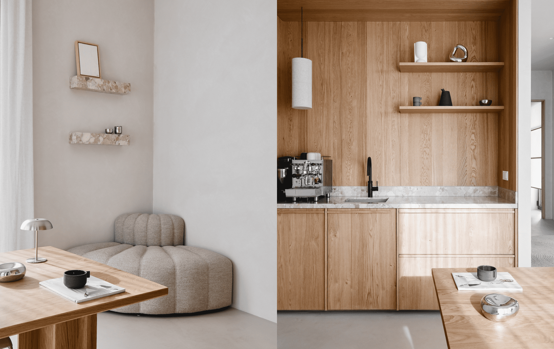 Detailopname van het interieur: een cozy zitplek met zacht gewatteerde poef en een nis met houten keukenblok en koffiemachine, in natuurlijke tinten.