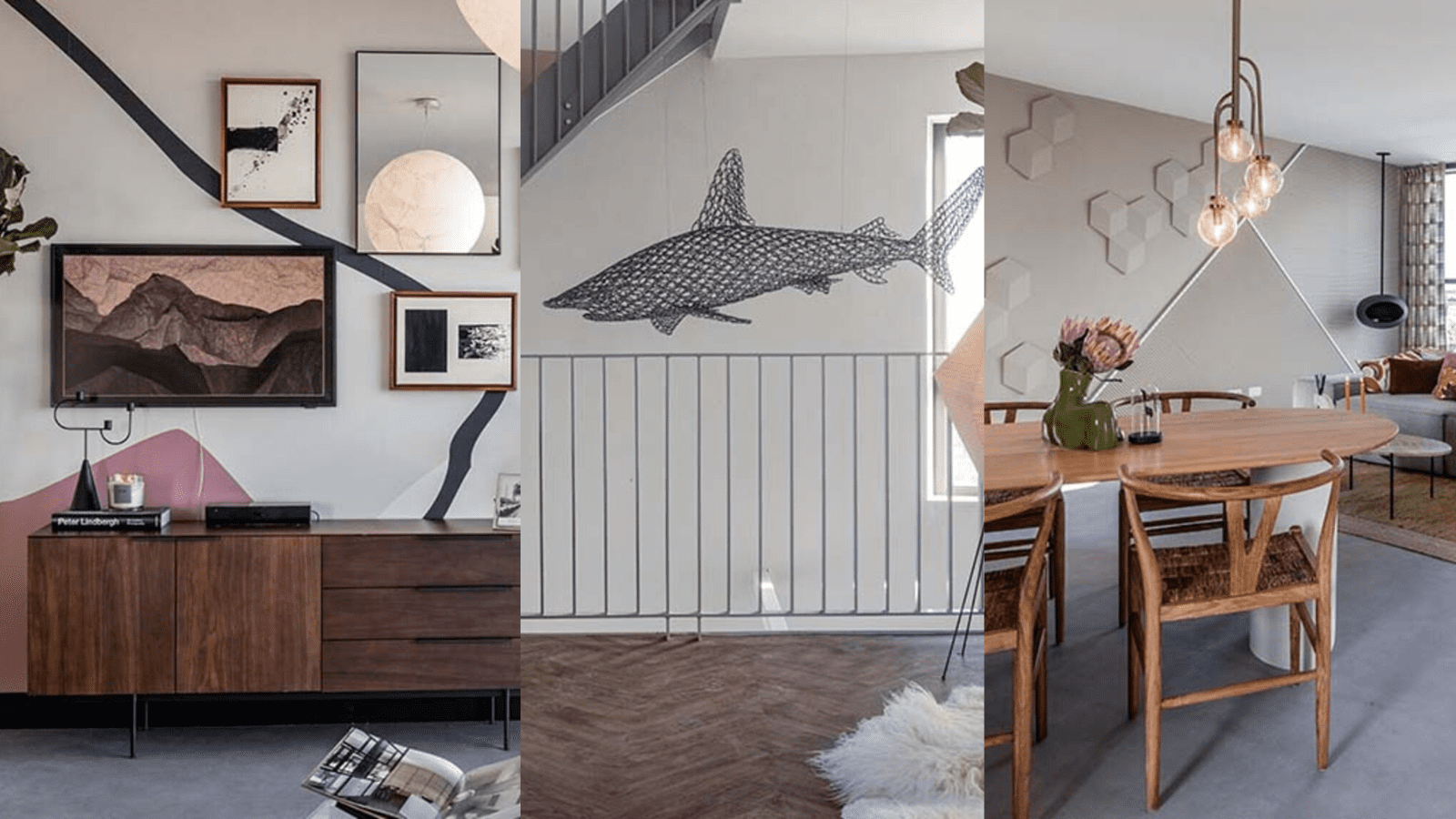 Drie stijlvolle interieurhoeken in één beeld: een moderne woonkamer met kunst aan de muur, een open ruimte met een draadsculptuur van een haai, en een eetkamer met houten stoelen, organische verlichting en geometrische wanddecoratie.