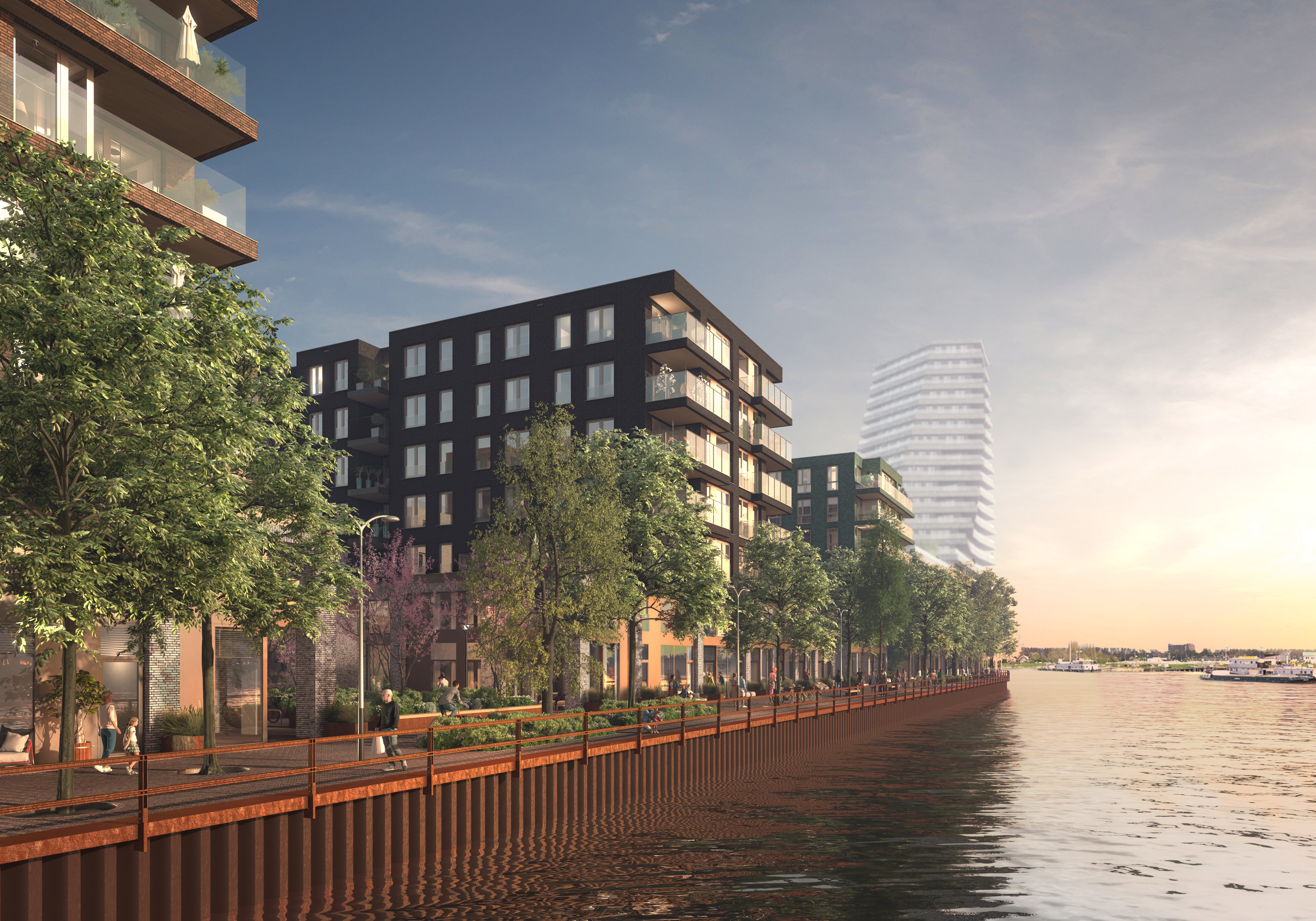 oekomstige woongebouwen aan de kade van de Kop van Cruquius in Amsterdam, met zicht op het IJ en een autoluwe wandelpromenade langs het water bij zonsondergang.